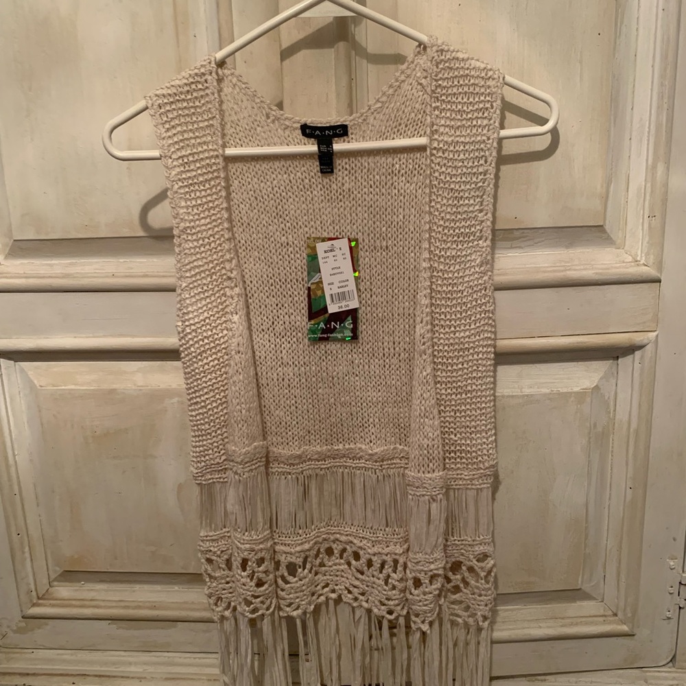 FANG Cream Crochet Fringe Knit Vest